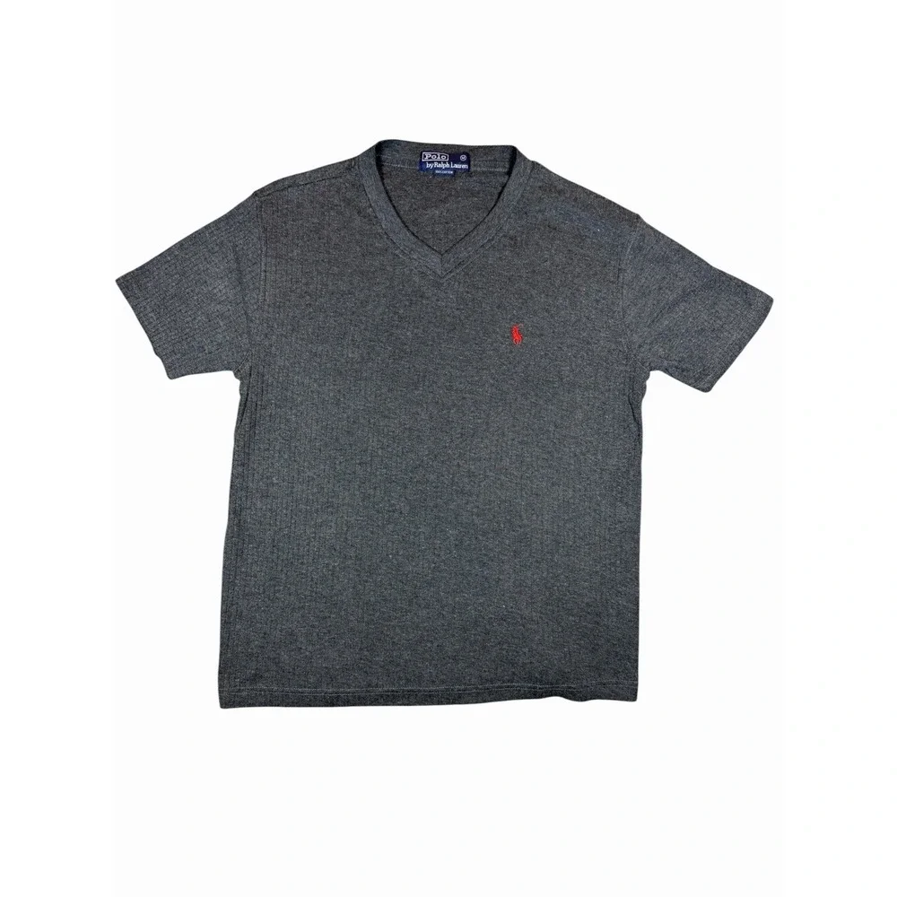 Polo Ralph Lauren Vintage Ribbed Knit V Neck T Shirt Gray Red Pony Mens Medium